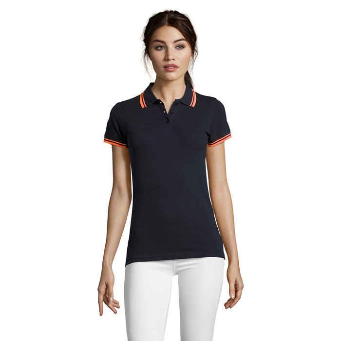 PASADENA WOMEN - PASADENA Damen Polo 200g - Marineblau/Neonorange