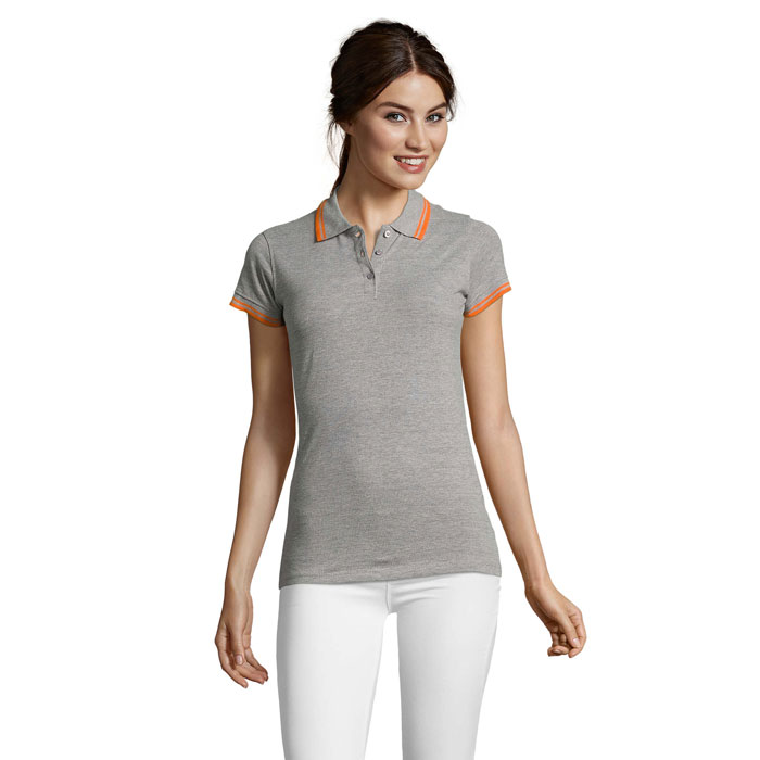 PASADENA WOMEN - PASADENA Damen Polo 200g - Melange Grau/Orange